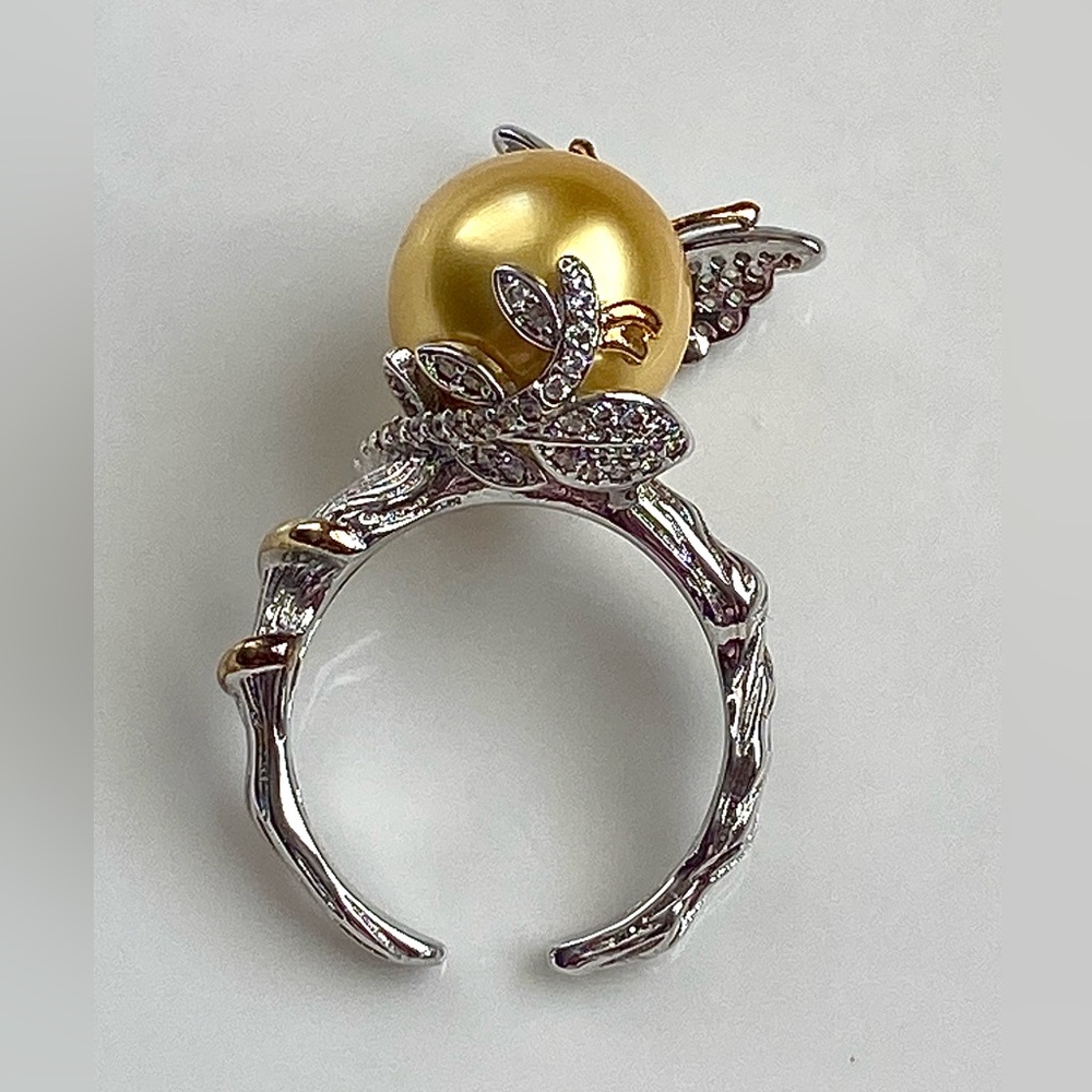 R25- Premium Round Deep Gold South Sea Pearl 11.8 mm s925 Butterfly Ring - Picture 9 of 9